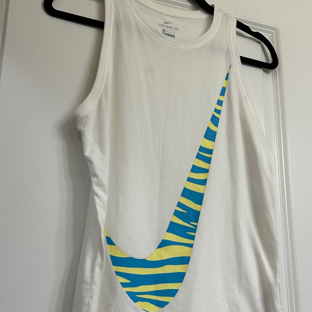 Nike White Tank Top with Blue and Yellow Graphic- size XS